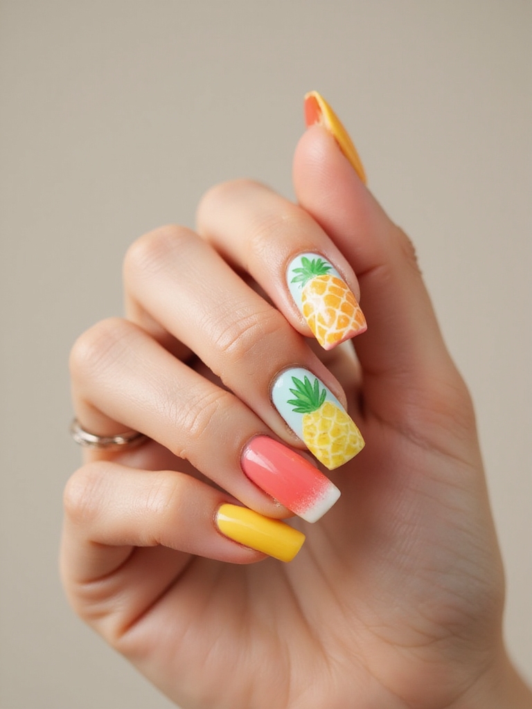 tropical neon fruit nailart